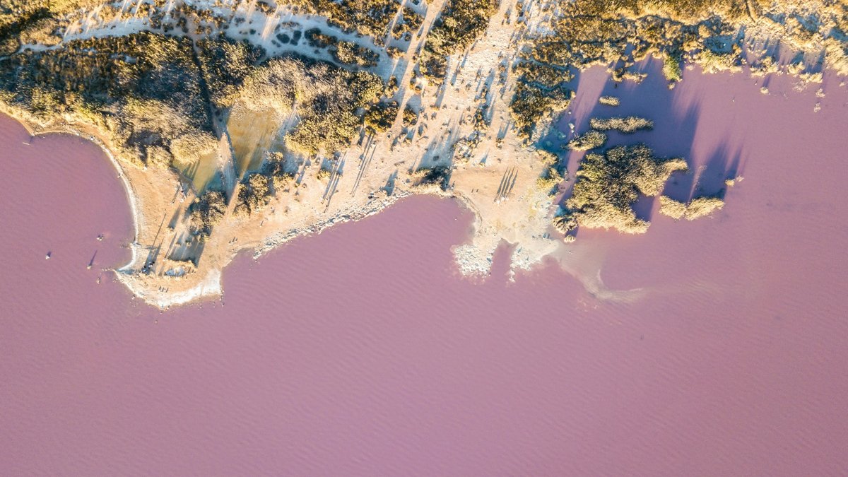 Cyclist view over Torrevieja's Pink Lagoon (Laguna Rosa) on a sunny day